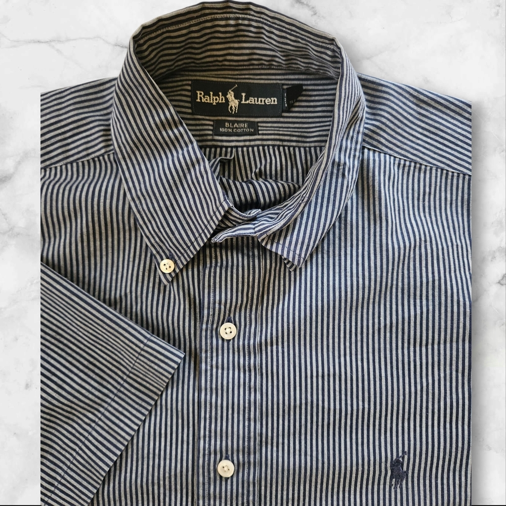 Ralph Lauren Blaire Shirt L Navy Gray Stripe Short Sleeve Button Down Cotton